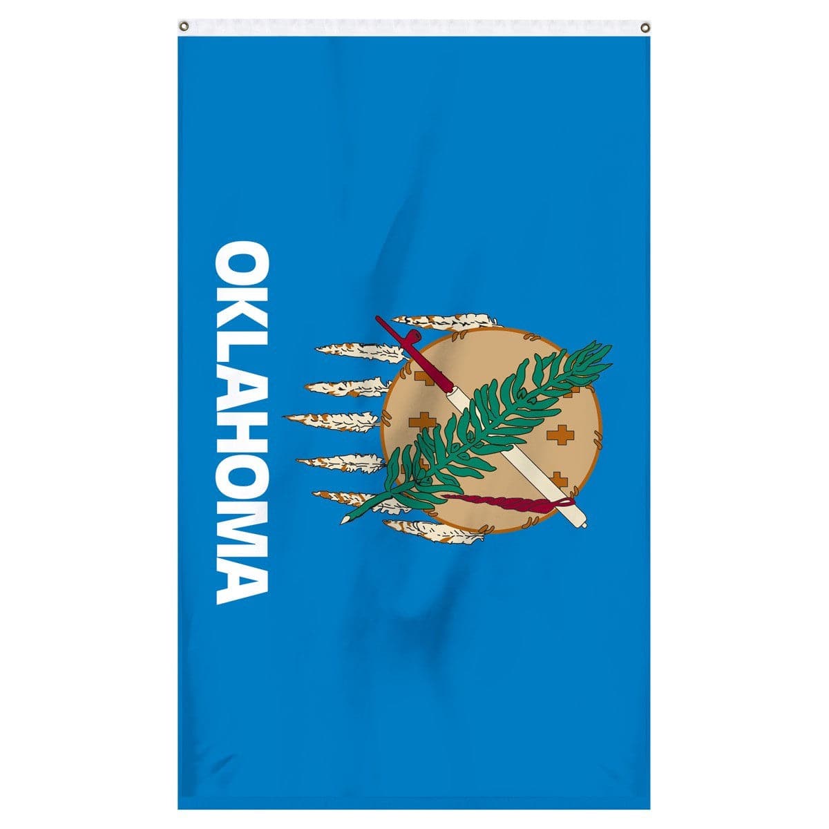 Oklahoma State flag by Atlantic Flag & Pole Inc., featuring blue background and tribal emblem.
