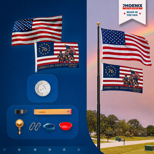 American flag with 1776 design, flagpole, and accessories on a blue background with 'Phoenix' branding.