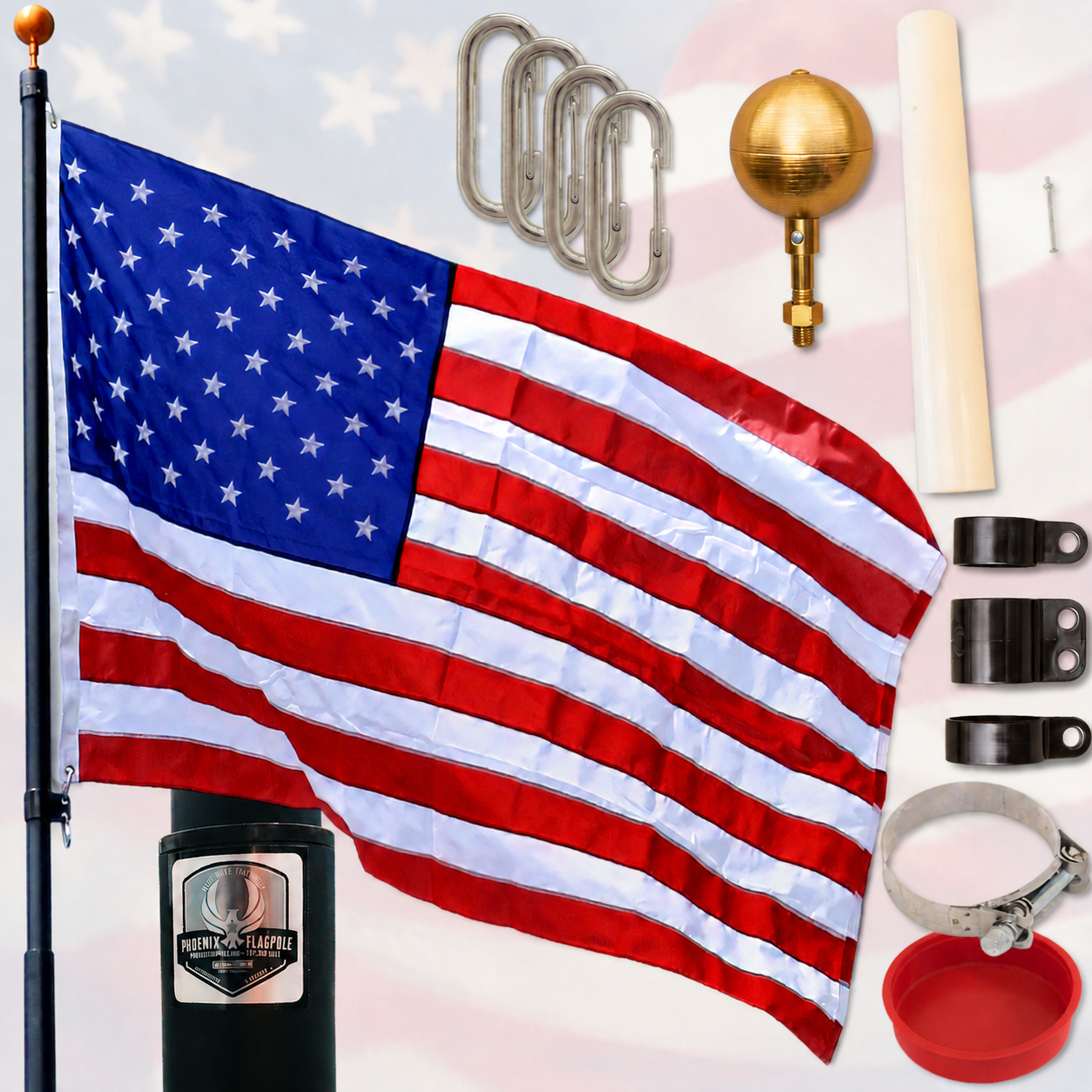 Phoenix telescoping black bronze flagpole kit with American flag, USA-made residential house-mounted flag pole set including gold ball topper, mounting brackets, clips, and hardware