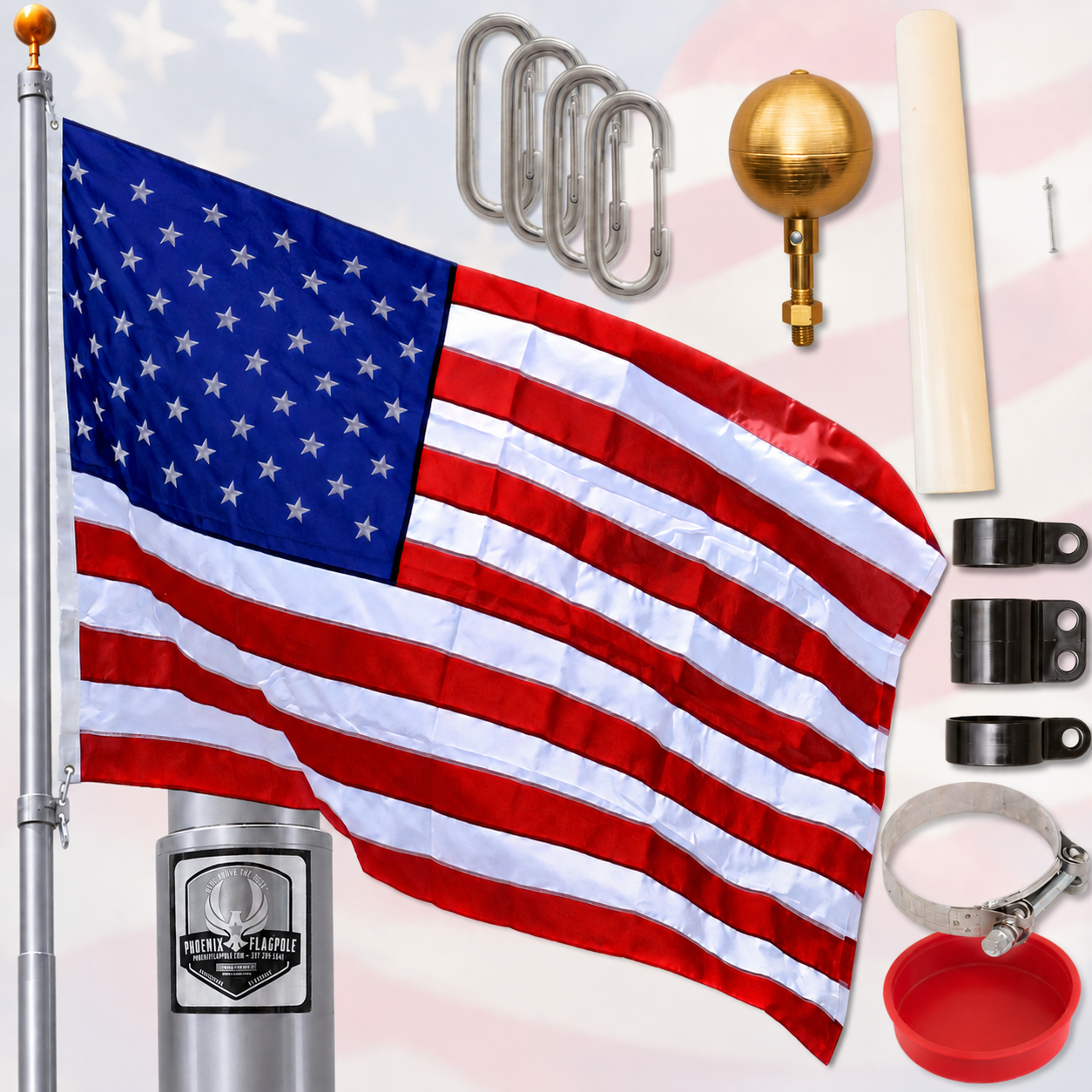 Phoenix telescoping silver flagpole kit with American flag, USA-made residential house-mounted flag pole set including gold ball topper, mounting brackets, clips, and hardware