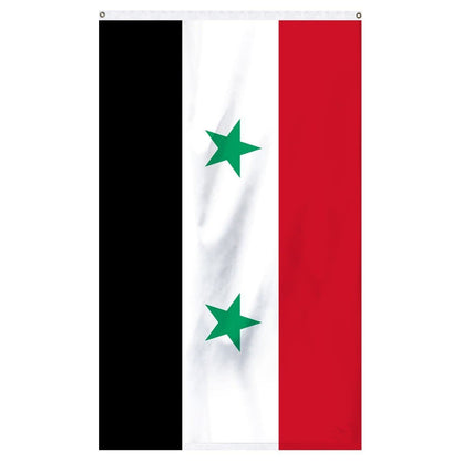 Syria National flag for sale to buy online from Atlantic Flag and Pole. Red, white, and black flag with two green stars in the middle.
