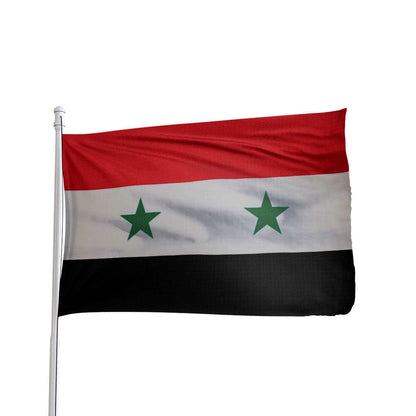 Vibrant Syria flag featuring red, white, and black horizontal stripes, by Atlantic Flag & Pole Inc.