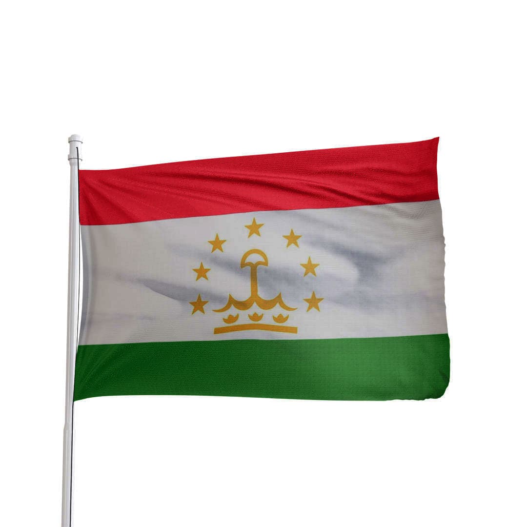 Tajikistan flag with vibrant colors, featuring a crown and stars, by Atlantic Flag & Pole Inc.