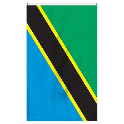 Tanzania National Flag for sale to buy online from Atlantic Flag and Pole. Green and blue flag separated by a black and yellow stripe diagonally through the center