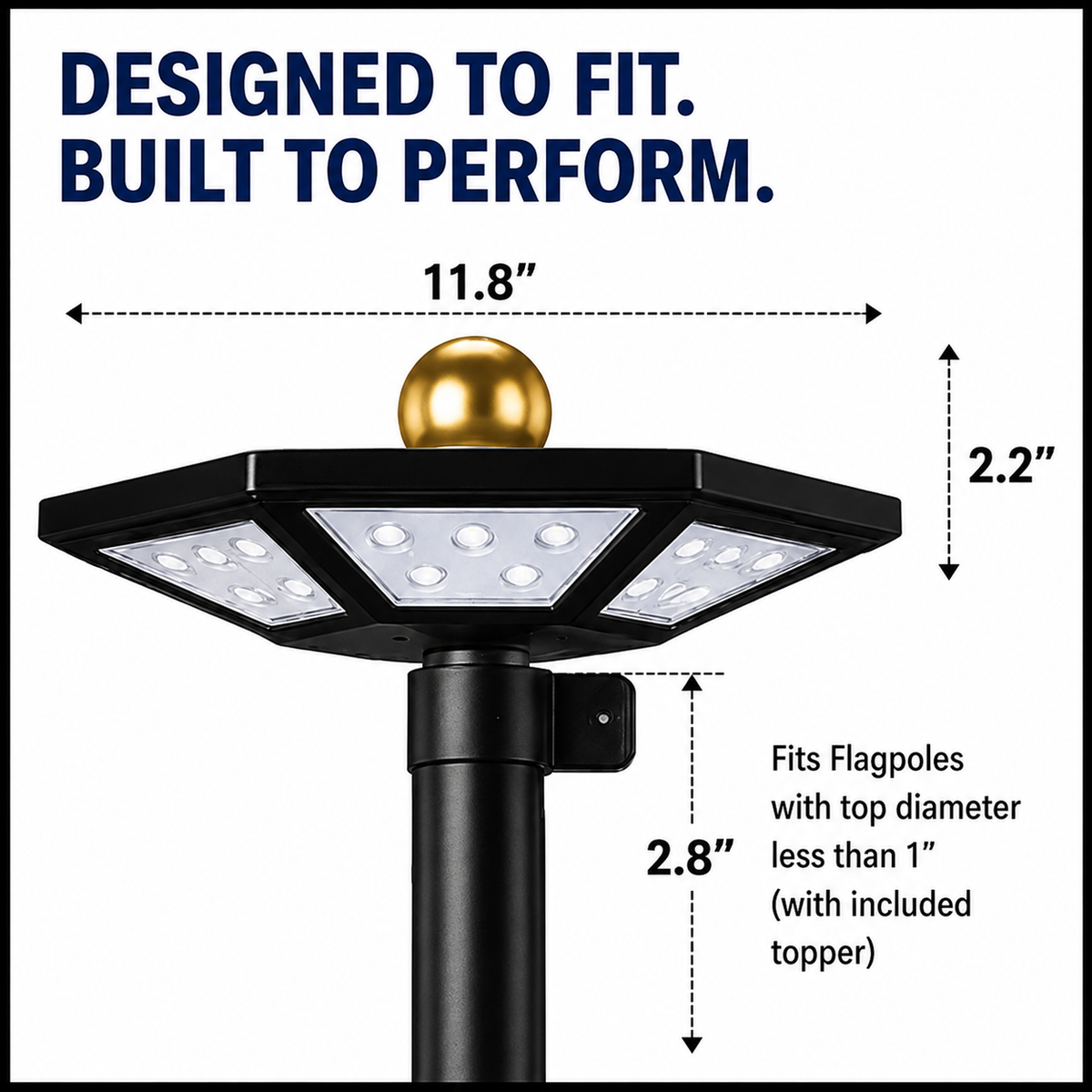 TelePatriot 1500 solar flagpole light dimensions: 11.8 inches wide, 2.2 inches tall, 2.8 inches with adapter, fits flagpole tops under 1 inch