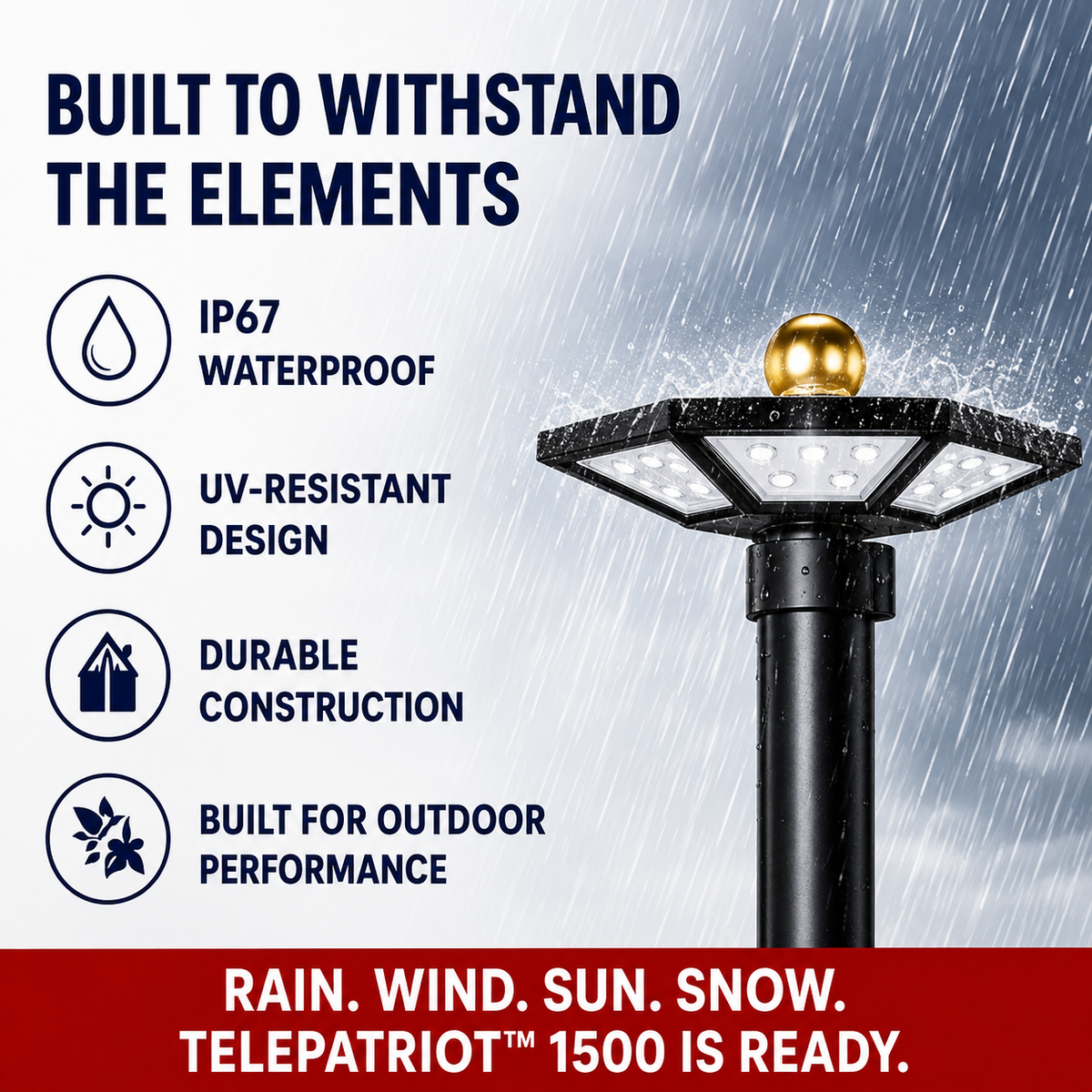 TelePatriot 1500 solar flagpole light in rain, IP67 waterproof, UV-resistant, durable construction built for year-round outdoor performance