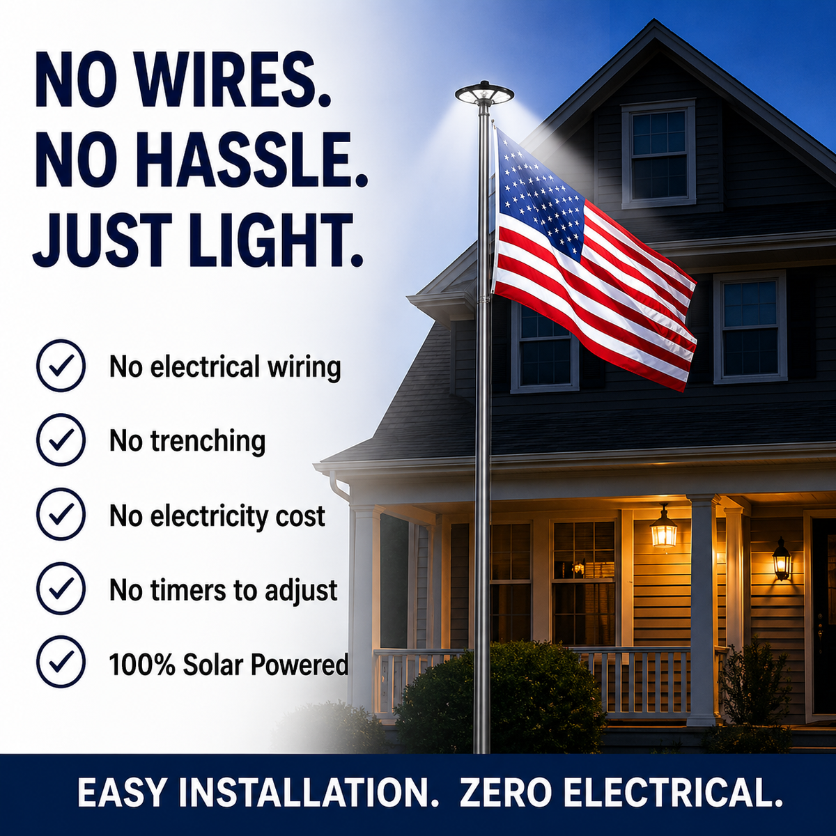 TelePatriot 1500 solar flagpole light on a home flagpole at dusk, no electrical wiring, no trenching, no electricity cost, 100% solar powered