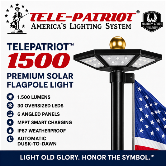 Atlantic Flagpole TelePatriot 1500 premium solar flagpole light, 1,500 lumens, 30 oversized LEDs, 6 angled panels, IP67 weatherproof, in black