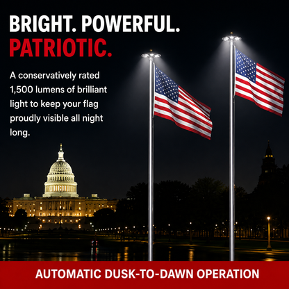 American flags illuminated at night by TelePatriot 1500 solar flagpole lights, conservatively rated 1,500 lumens, automatic dusk-to-dawn operation