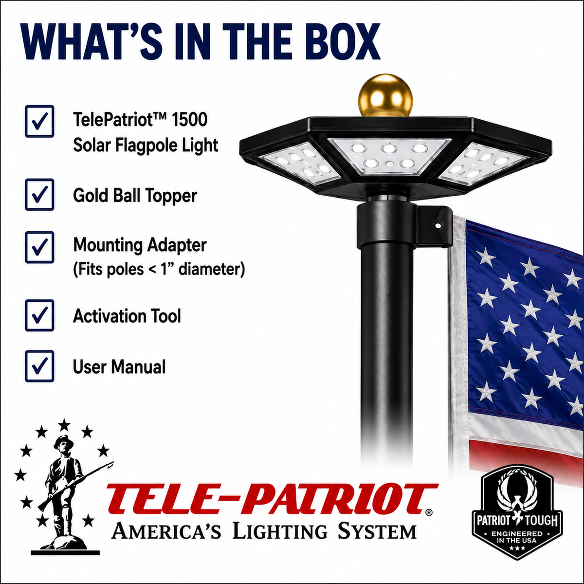 What's in the box with the TelePatriot 1500 solar flagpole light: gold ball topper, mounting adapter, activation tool and user manual