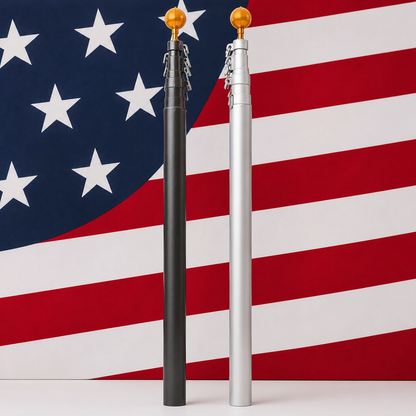 Two flagpoles, one black and one silver, against an American flag background.
