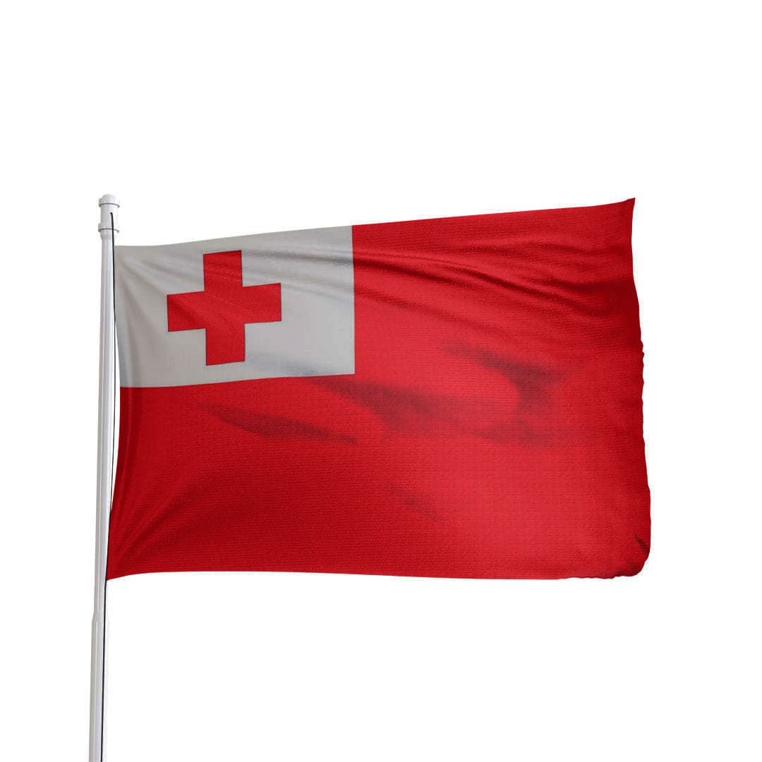 Tonga flag featuring red and white colors with the national coat of arms, by Atlantic Flag & Pole Inc.
