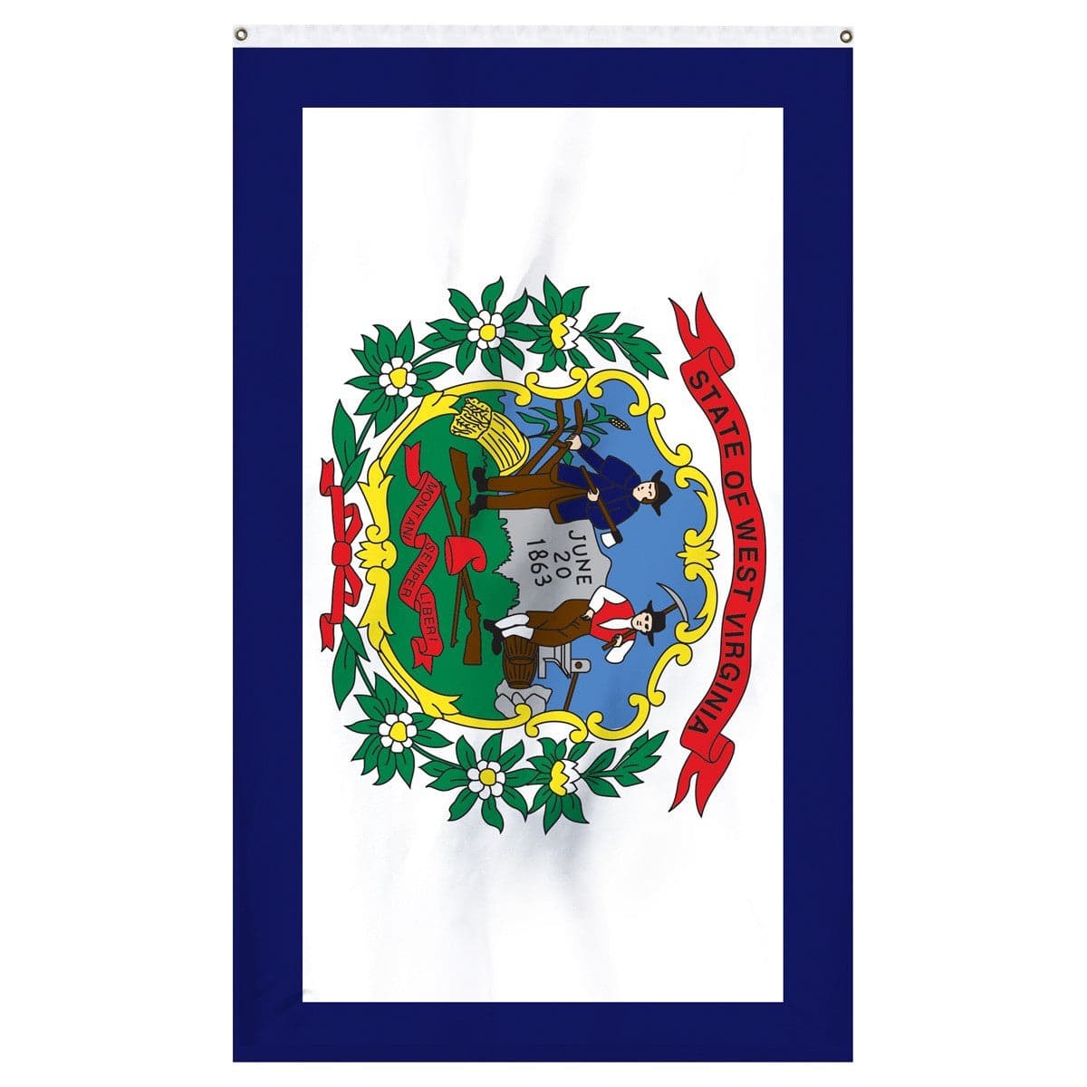 West Virginia state flag featuring the state coat of arms, made in the USA by Atlantic Flag & Pole Inc.
