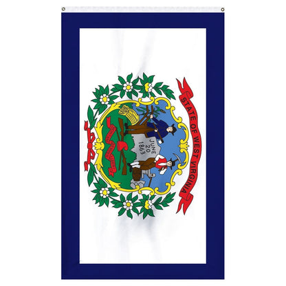 West Virginia state flag featuring the state coat of arms, made in the USA by Atlantic Flag & Pole Inc.
