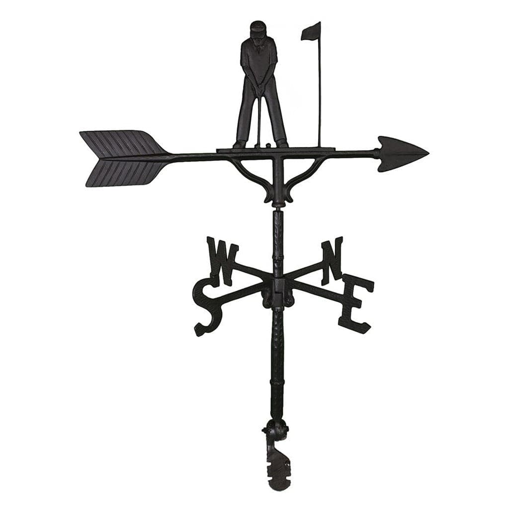 Black golfer with putter golfing on top of a weathervane with a flag image