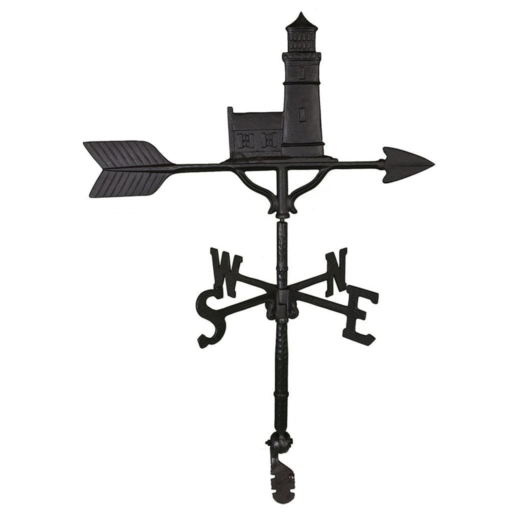 Black colored lighthouse with cottage weathervane that looks like nubble light in maine