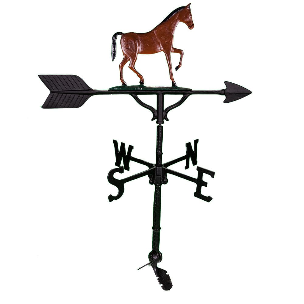 Brown horse walking on top of a weathervane image