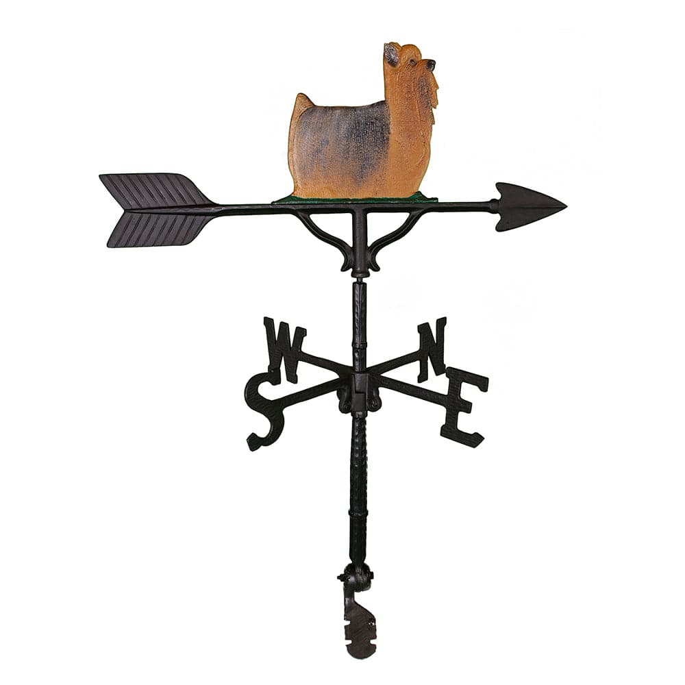 Weathervane made in America with a Brown Yorkshire Terrier sitting on top of it