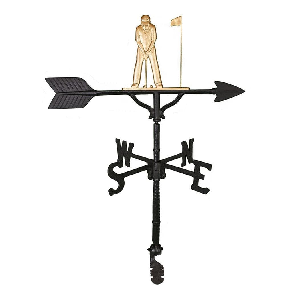 Gold golfer with putter golfing on top of a weathervane with a flag image