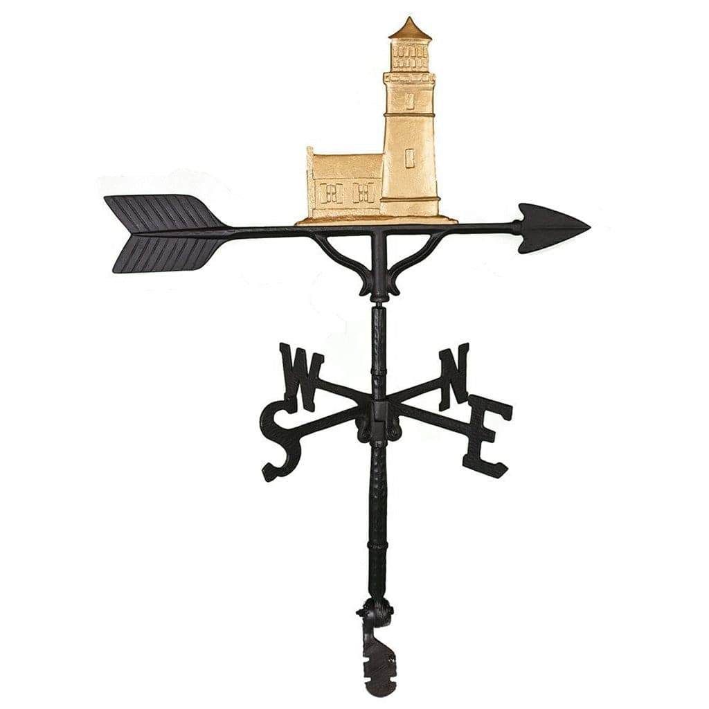 Gold colored lighthouse with cottage weathervane that looks like nubble light in maine