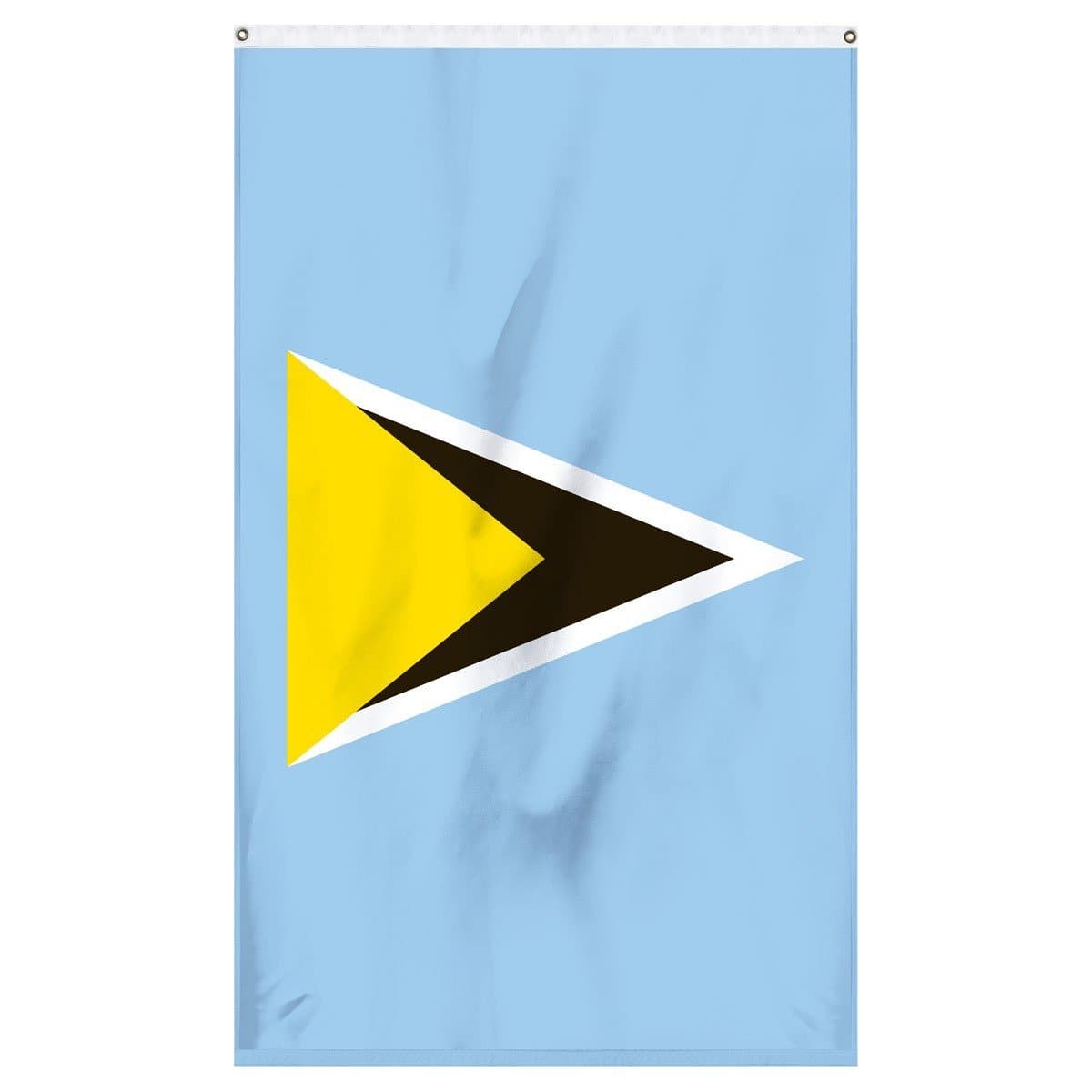Saint Lucia National flag for sale to buy online. Blue flag with black, white, and yellow triangles.