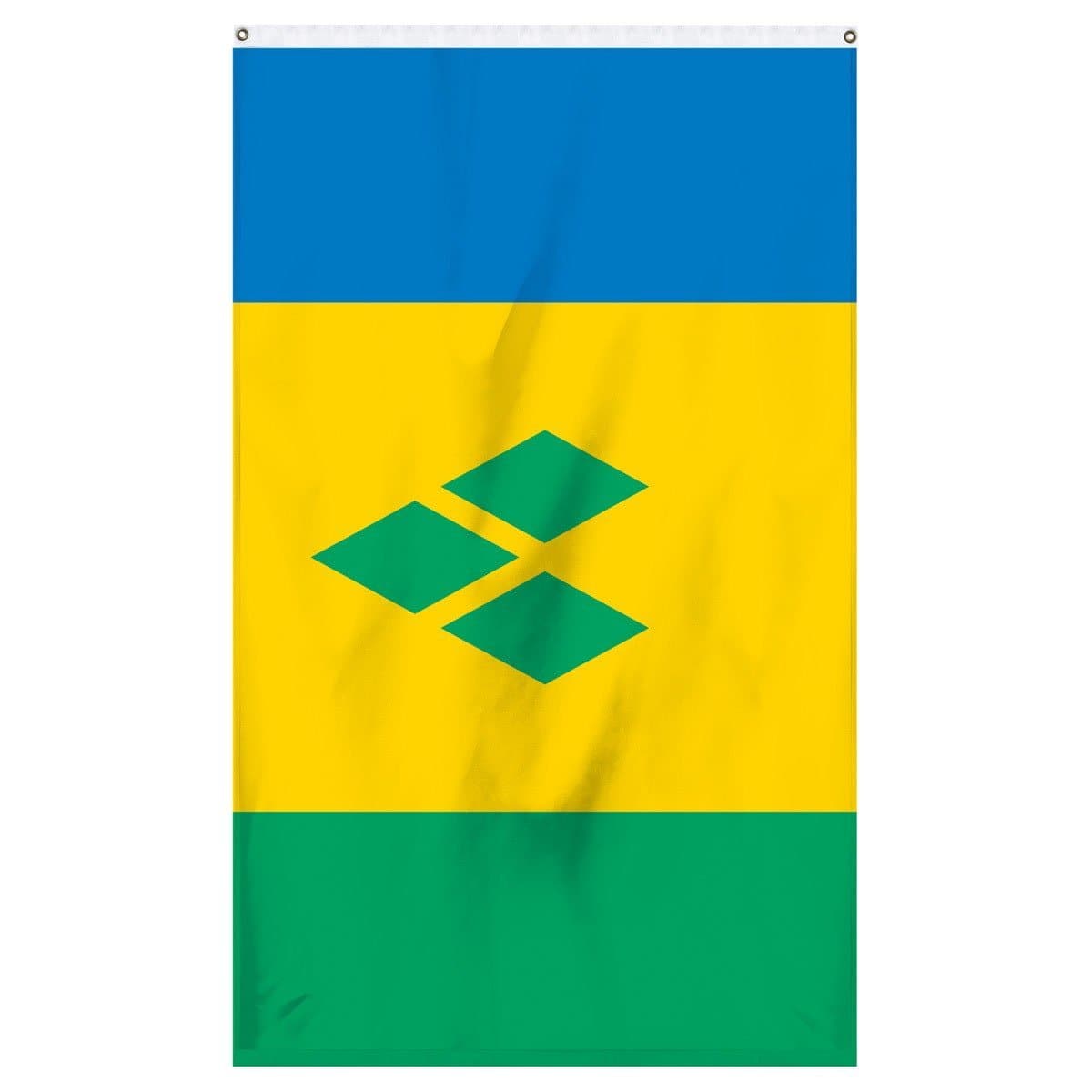 Saint Vincent and the Grenadines National flag for sale to buy online. Blue, yellow, and green flag with a three green diamonds in the middle.