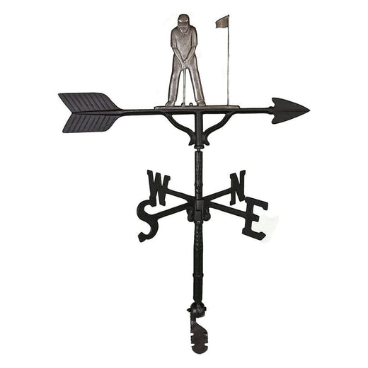 Iron golfer with putter golfing on top of a weathervane with a flag image