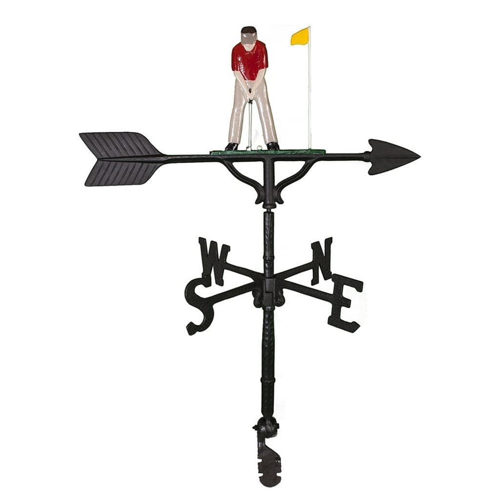 White golfer with putter golfing on top of a weathervane with a flag image