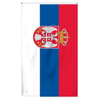 Thumbnail for Serbia National Flag for sale to buy online from Atlantic Flag and Pole. Red, blue, and white flag with two white eagles on a shield with a crown on top.