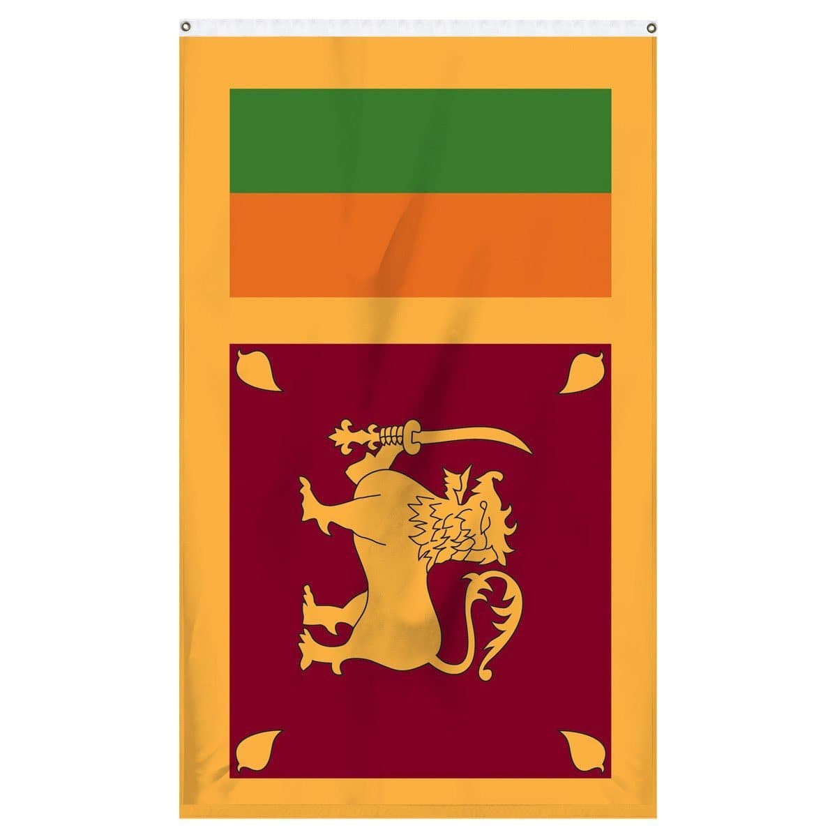 Sri Lanka National flag for sale to buy online from Atlantic Flag and Pole. Yellow, green, and orange flag with a lion holding a sword.