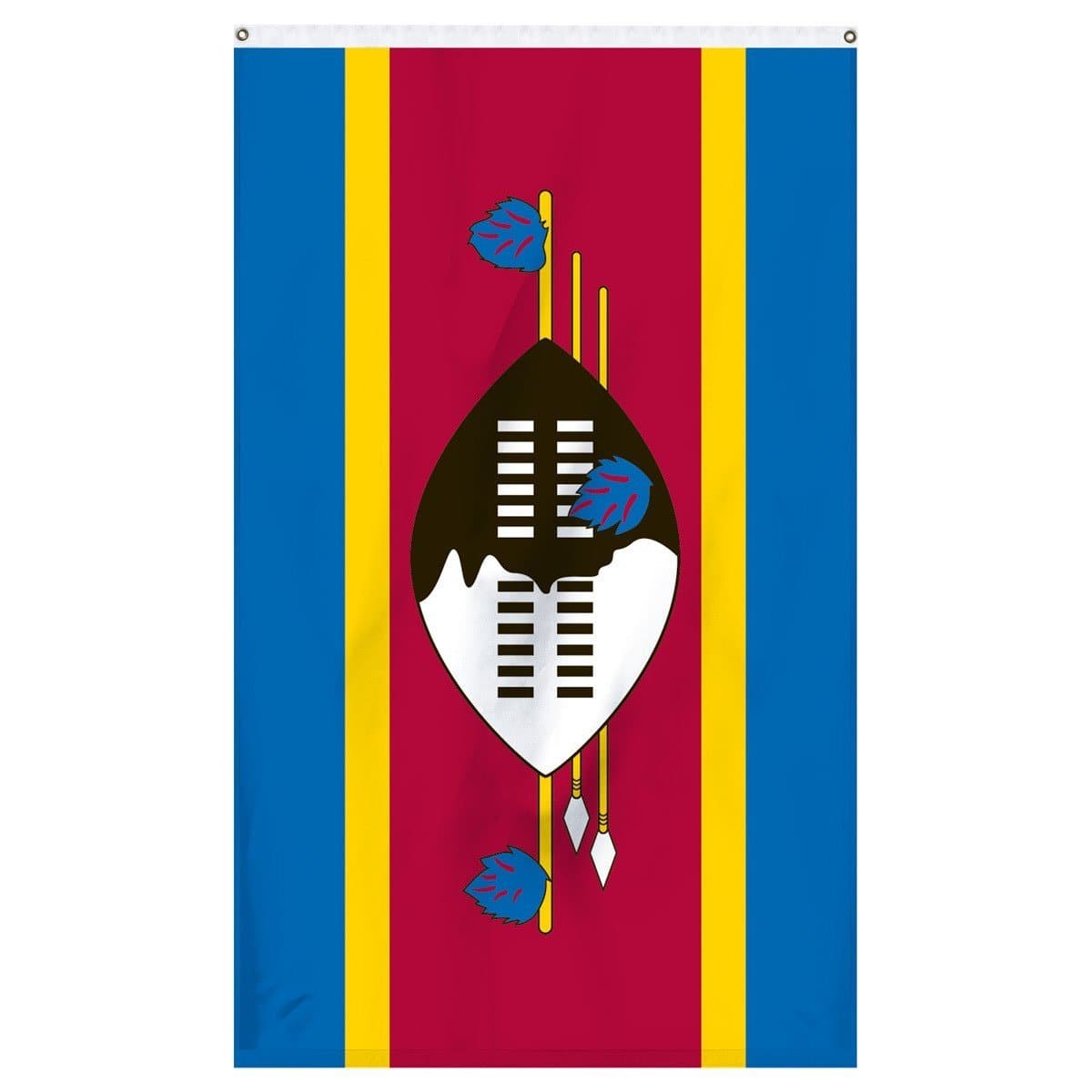 Swaziland National flag for sale to buy online from Atlantic Flag and Pole. Blue, yellow, and red flag with a white and black shield in the center with arrows and spears.