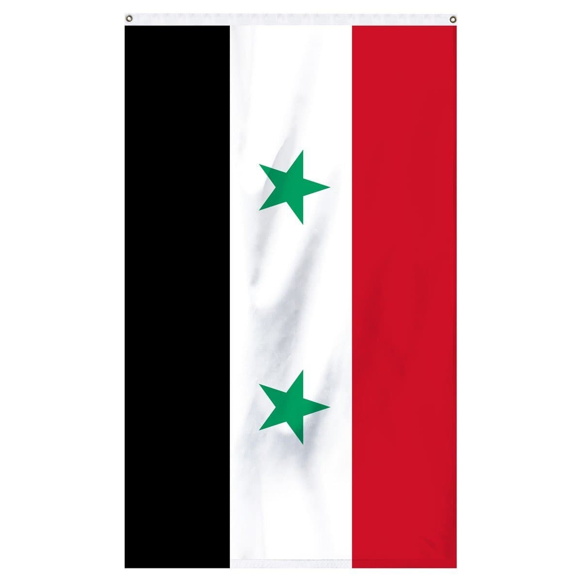 Syria National flag for sale to buy online from Atlantic Flag and Pole. Red, white, and black flag with two green stars in the middle.