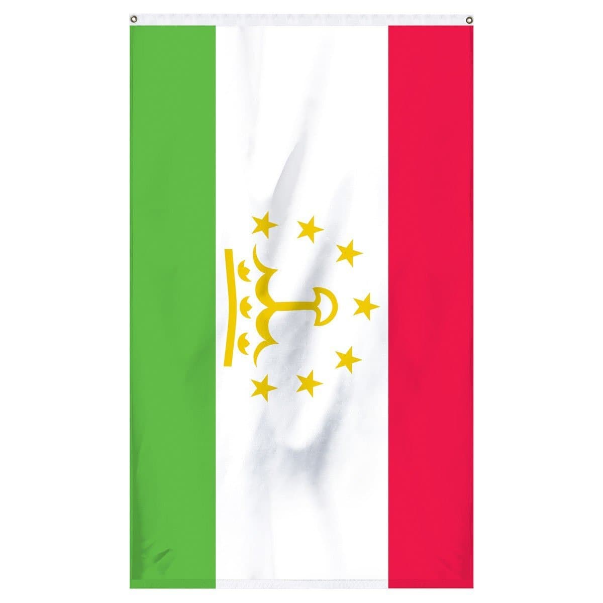 Tajikistan National Flag for sale to buy online from Atlantic Flag and Pole. Red, white, and green flag with 7 golden stars and a crown on a flag,