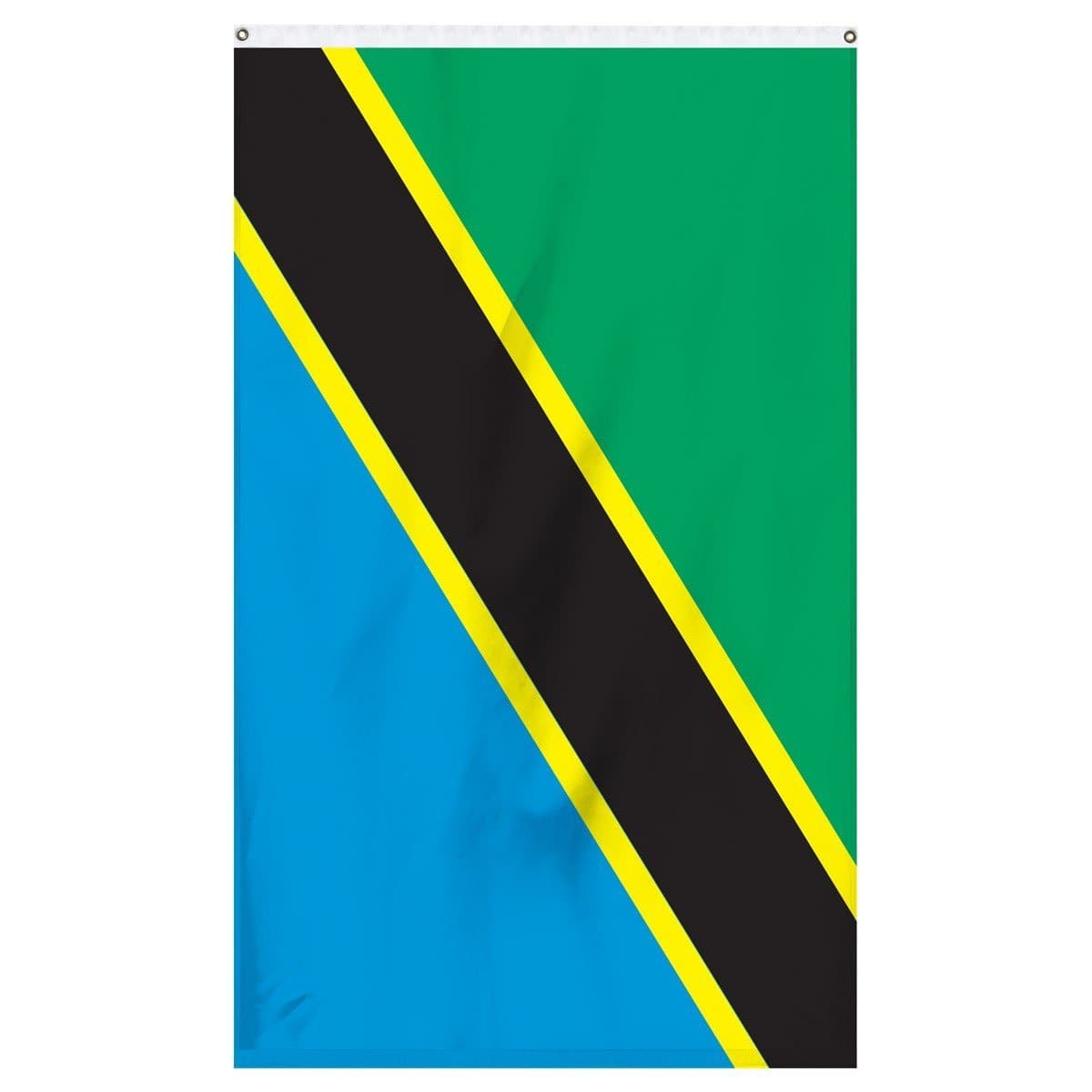 Tanzania National Flag for sale to buy online from Atlantic Flag and Pole. Green and blue flag separated by a black and yellow stripe diagonally through the center