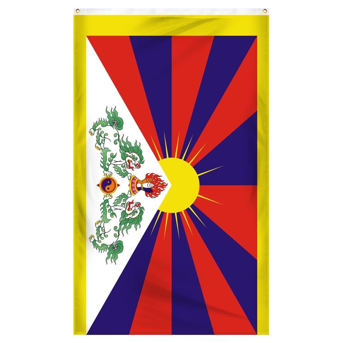 Tibet National Flag for sale to buy online from Atlantic Flag and Pole. Red and purple sunrise on a flag with dragons.