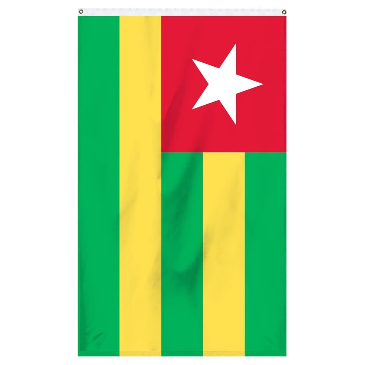 Togo National Flag for sale to buy online from Atlantic Flag and Pole. Green and yellow striped flag with a red square in the corner with a white star.