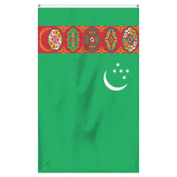 Thumbnail for Turkmenistan National Flag for sale to buy online from Atlantic Flag and Pole. Green flag with a white crescent moon and 5 white stars with a patch or multicolored tribal images.