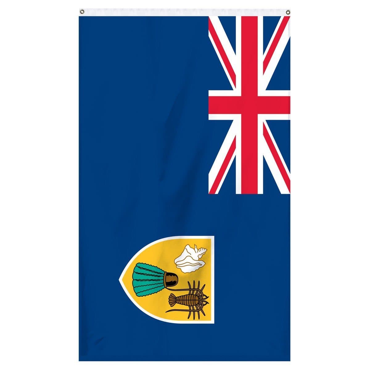 Turks and Caicos National Flag for sale to buy online from Atlantic Flag and Pole. Navy blue flag with great Britain cross along with a golden shield with images on it.