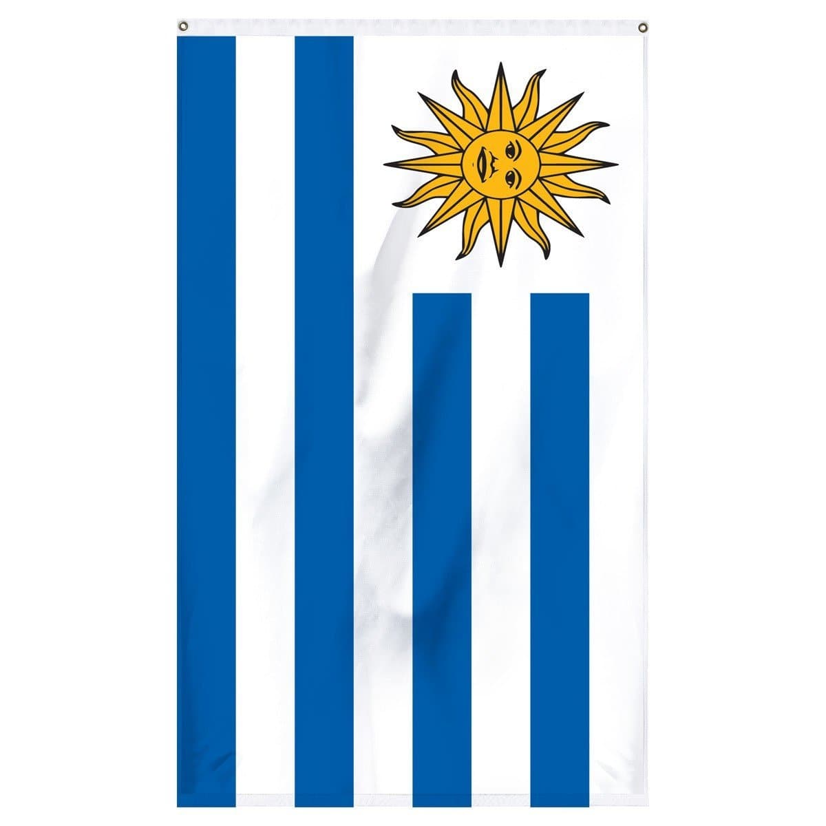 Uruguay National Flag for sale to buy online from Atlantic Flagpole. Blue and white flag with a smiling sun in the corner.