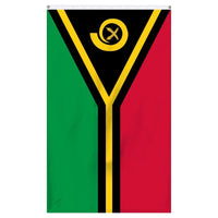Thumbnail for Vanuatu National flag for sale to buy online from the American company Atlantic Flag and Pole. A horizontal bicolor of red and green with the black isosceles triangle based on the hoist side bearing the golden boar's tusk encircling two crossed namely fern fronds in the center and the golden pall, a thin yellow narrow horizontal stripe that splits in the shape of the horizontal Y, centered over the partition lines and was edged in black against the red and the green bands while the two points of the Y face 
