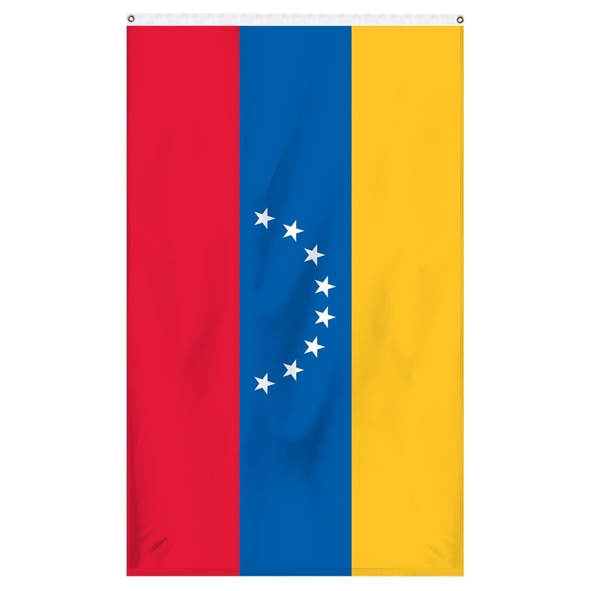 Venezuela National flag for sale to buy online from the American company Atlantic Flag and Pole. A horizontal tricolor of yellow, blue and red with the National Coat of Arms on the upper hoist-side of the yellow band and an arc of eight white five-pointed stars centered on the blue band.