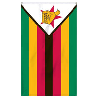 Thumbnail for Zimbabwe National flag for sale to buy online from Atlantic Flag and Pole, an American company. Seven horizontal stripes of green, yellow, red, black, red, yellow and green with a black-edged white isosceles triangle base on the hoist side bearing a Zimbabwe bird superimposed on a red five-pointed star.