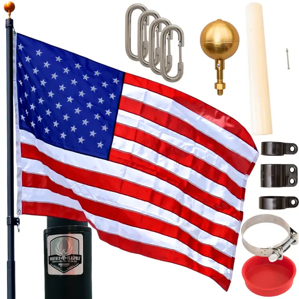 A Phoenix flagpole kit laid out: pole, American flag, gold ball, rings and ground sleeve
