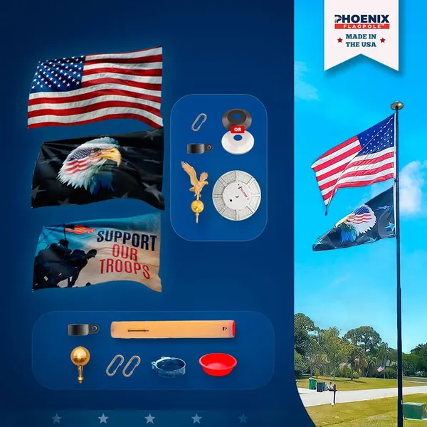 Phoenix Presidential Kit: three flags, gold eagle topper, solar flagpole light and hardware