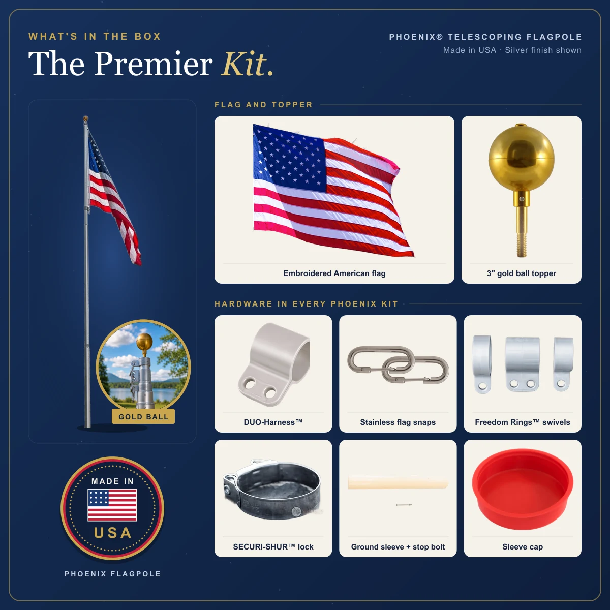 Everything in the Phoenix Premier Kit: pole, flag, gold ball topper and hardware