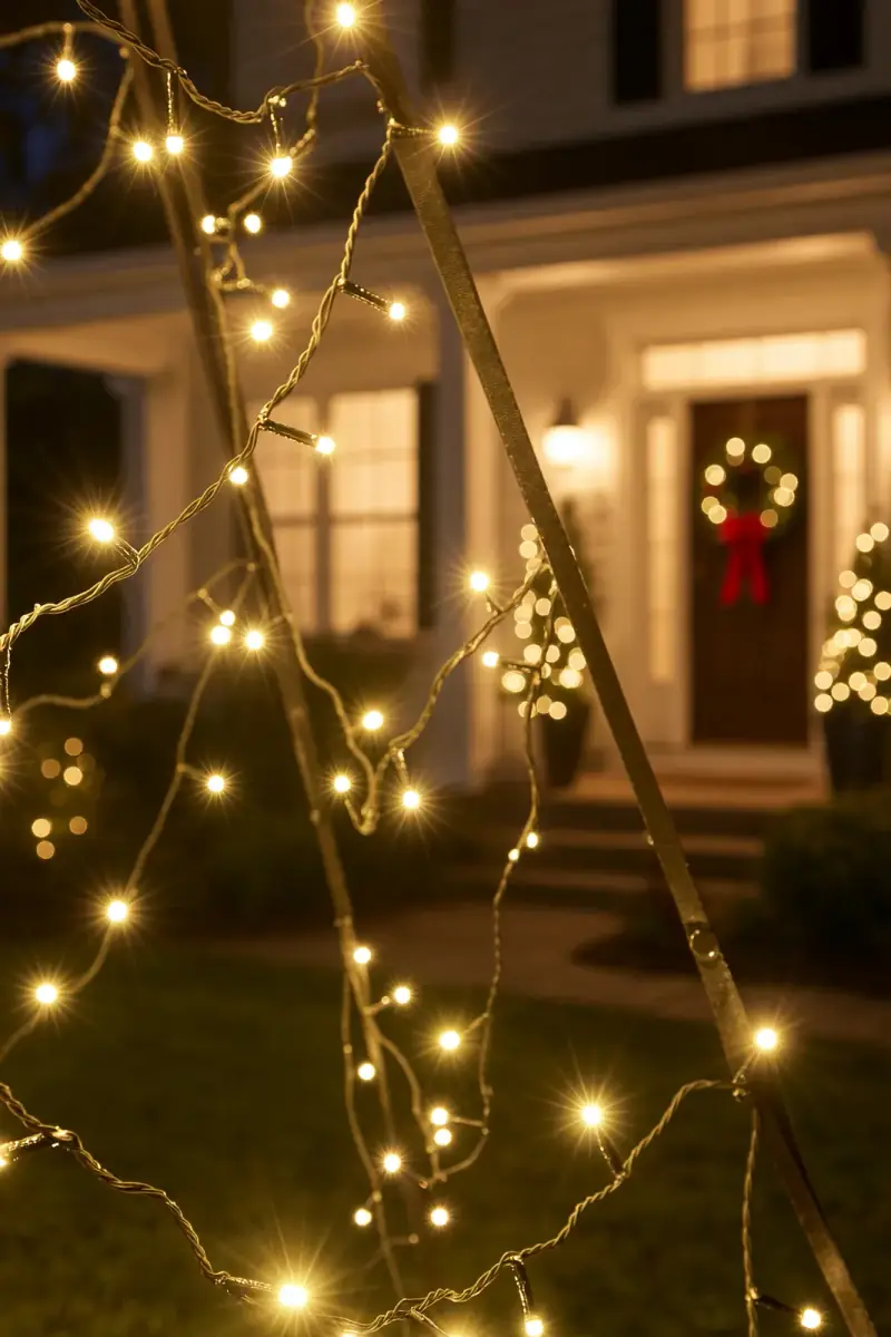 Close-up of warm white LED strands glowing at night, with a decorated porch behind