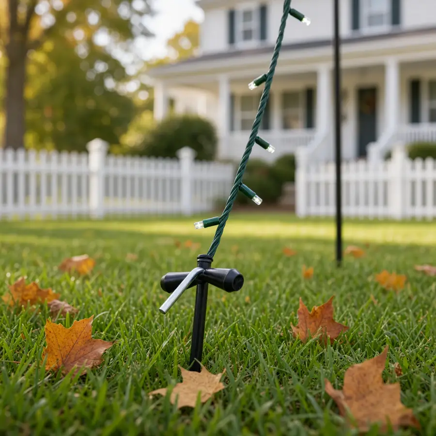 A ground stake holding the bottom of a light strand in a lawn with fallen leaves