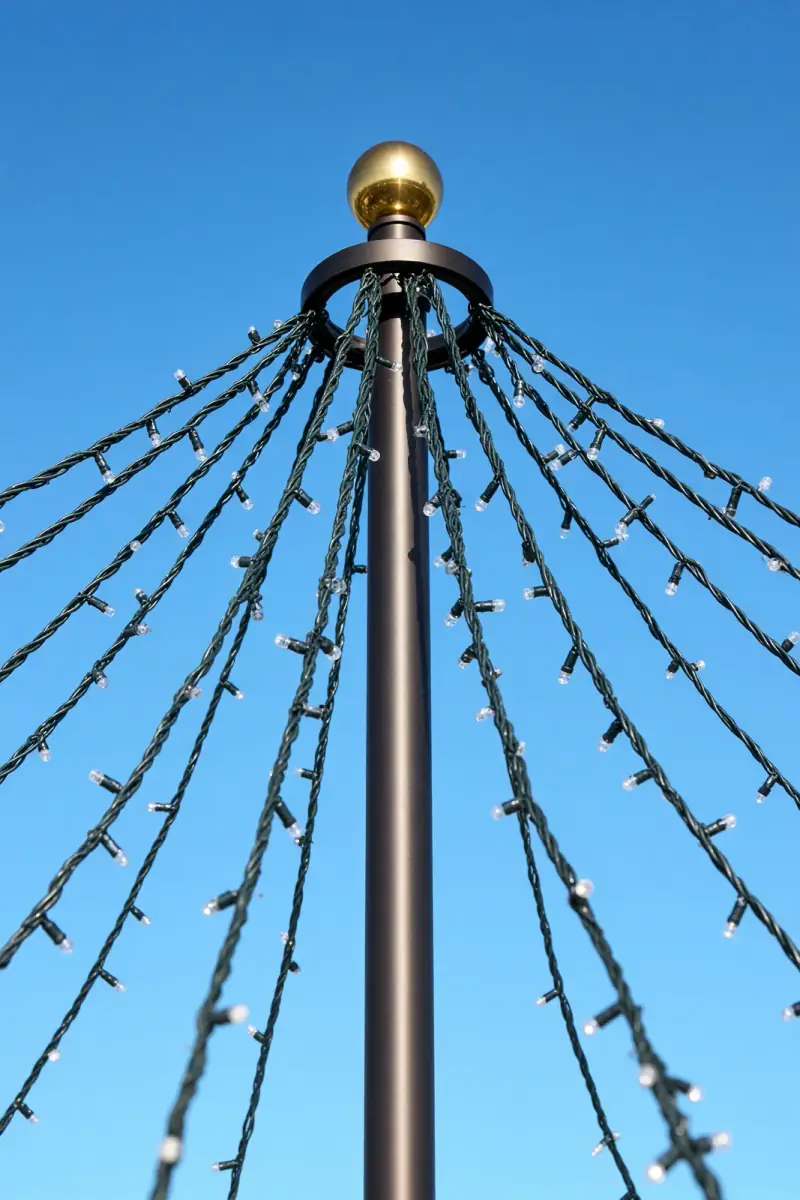 A top ring holding LED light strands just under the gold ball of a flagpole, against a blue sky