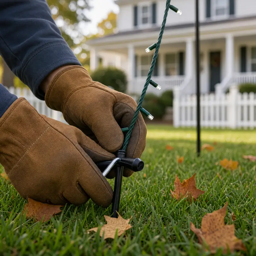Gloved hands pushing a ground stake that holds a light strand into the lawn