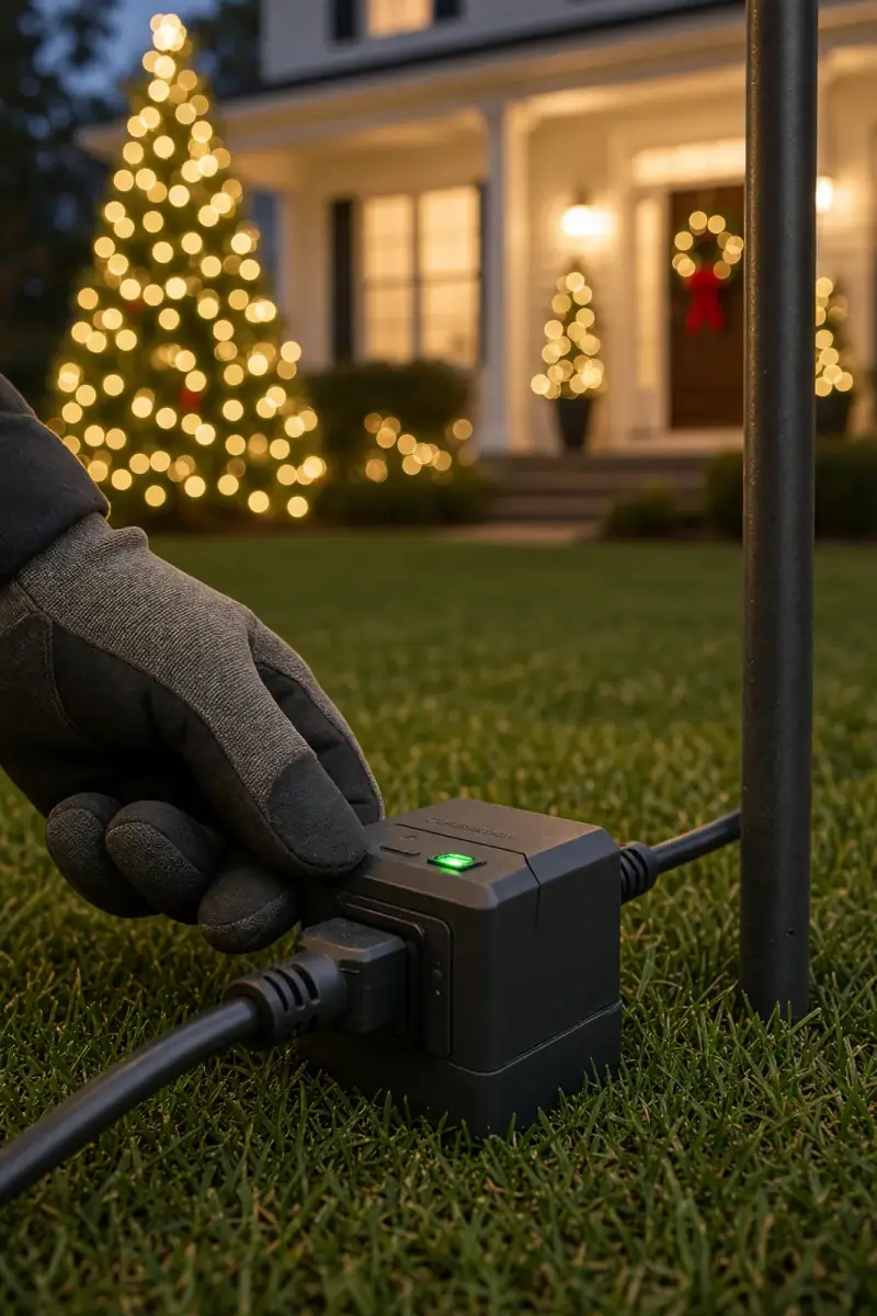 A gloved hand plugging the tree into its outdoor transformer on the lawn, with a lit flagpole tree behind